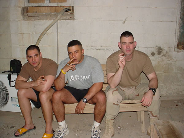 1Lt Nunez, Cpt Holloway, SSG Surran from the 115th Field Hospital at the Abu Ghraib prison, enjoying some Avo, 5Vegas, and Romeo and Juliet cigars.