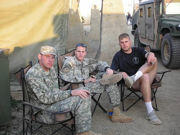 SSG Brandon Harbaugh, SSG Michael Eilers, Capt Nicholas McDermott (FOB Salerno Afficiandos) 3rd Platoon Battle Company, 1-32 Infantry Battalion.Enjoying stogies time on a rare day off.