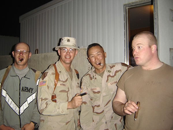 SGT Tony Skaja, SSG Mitchell Haynes, SFC Steve Otamura, and SSG Doug Benson of B Troop, 1st Squadron, 11th Armored Cavalry Regiment enjoying CAO Black and La Perla Habana.