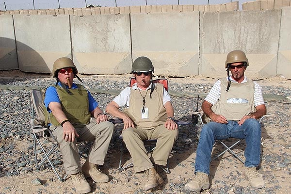 L to R: Unknown, John H. Prieth, Ford McGuffee in Afghanistan. "...we were wearing full body armor due to the FOB being under a sniper attack alert. Neither sleet, rein, snow, nor snipers will keep us from our appointed cigar bar meetings."