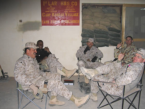 From left to right is MSgt A. Lopez, 1stSgt P.Hall, GySgt E. Gonzalez, WO2 C. Cook (Australian Army) and GySgt W. Elver. We are all Marines from 1st Light Armored Reconnaissance Battalion, 1st Marine Division, from Camp Pendleton CA.