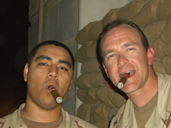 LN2(SW/AW) Marcelo Carrillo and LN2(SW/AW) Steven D. McAnally of  the United States Navy enjoying a Gurkha, Signature Collection, and a Rocky Patel.