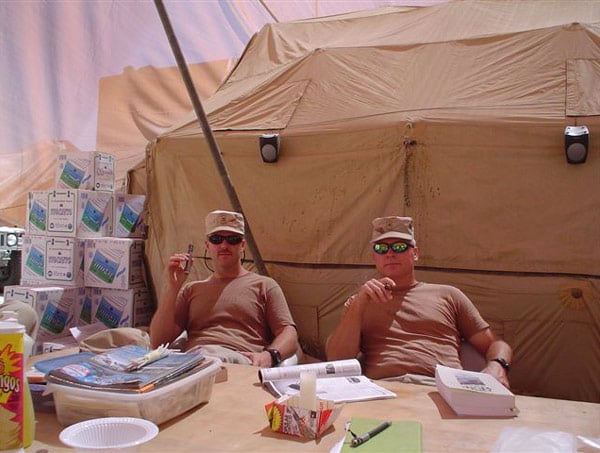CW2 Ray Evans and CW2 Todd Graham, members of 151st Signal Battalion supplying comms to users at Baghdad International Airport.