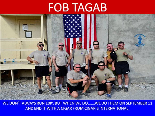 FOB Tagab, Afghanistan, September 11th 2012: the conclusion of Task Force War Eagle 9/11 Memorial 10K run. Two of our members depicted are from Bethlehem, Pennsylvania. "Parva victorias!"