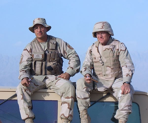 Pictured are 1st Sgt Mike Rinck (53rd Combat Communications Squadron) and Capt Joe Harris (220th EI Squadron) at Bagram Air Field, Afghanistan.