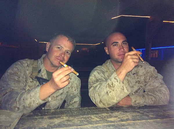 GySgt Bray and 1stLt Sisson with 3rd BN 4th Marines enjoying a Cohiba from Habana Cuba on the British side of Camp Bastion, Afghanistan