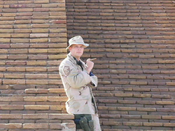 MSgt Jeffrey R. Benton, 332 AEW/Force Protection, on the Ziggurat (oldest free standing three story building in the world), near Tallil Air Base, Iraq, with a Victor Sinclair Series 55.