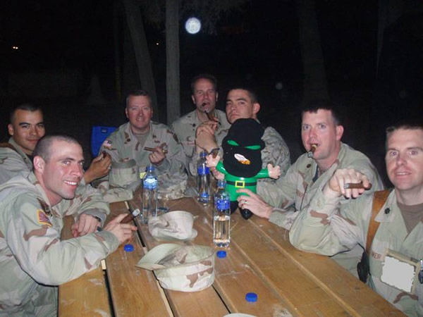 Here are some members of MNF-I STRATCOM enjoying our nightly compliment of quality cigars outside the US Embassy in Baghdad, Iraq.  Clockwise around the table: CAPT Aaron Williams, 1stLt Fernando Cruz, MAJ Mark Murphy, CDR Greg Clark, Maj Chris Krajacich, Internationally feared IRA operative Seamus McNasty, MAJ Rob Neher, and LtCol Jeffery Weir.