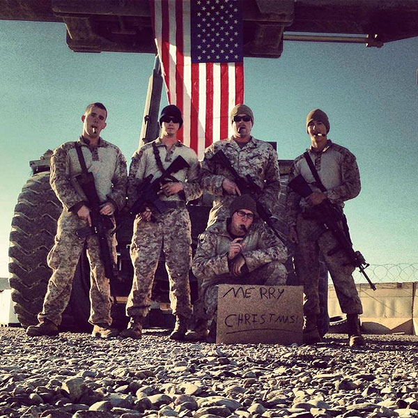 L to R. LCpl Brothers, LCpl Brennan, Sgt Emery, Cpl Ross and LCpl Muringer enjoying Christmas with MWSS-372 in Afghanistan.