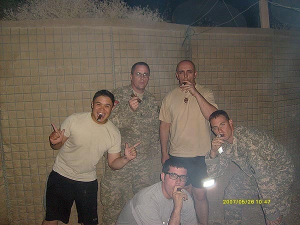 The Boys from FOB Morales Frazier (JoJo (Air Force), Dave (Navy), Steve (Army), Kyle(Air Force), and Zack(Army)) enjoying some of the fine Acid cigars. "Thanks CI."