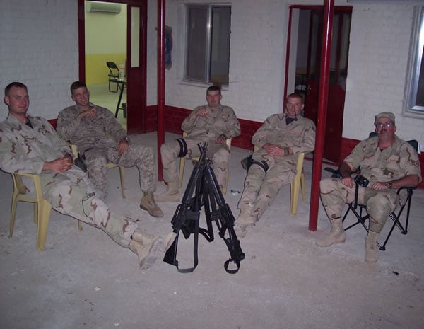 A team of professionals from the Coalition Provisional Authority, Combined Military Assistance Training Team, who were part of the selection program that is outfitting the new Iraqi Armed Forces with the second round of new officer candidates. Seated left to right are: USAF SSgt Jeff Salfer, USMC LCPL Aaron Grieger, USA SSgt Dave Anderson, USAF SSgt Dan Libby, USAF TSgt Doug Huffines.