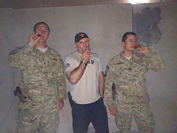 L to R: USAF 1LT Spencer Wile, DOD Civilian David Gault (USN Ret), and USAF Capt Mike Lasorda. "... enjoying fine Gurkha cigars in celebration of Labor Day & the 66th Birthday of the United States Air Force; Afghanistan."