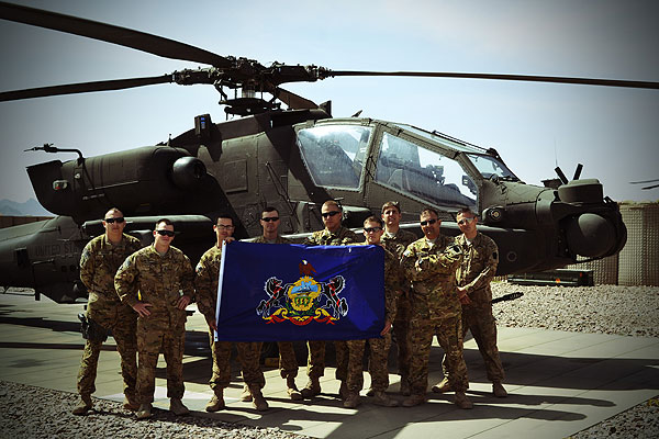 Pennsylvania Army National Guard (PAARNG) in AfghanistanD Co. 1-104th ARB (Attack Reconnaissance Battalion) Left to Right: SGT Jason Wagner, SPC Tony Cypert, SGT Jacob Hume, SPC Kevin Mundis, SPC Carl Cash, SSG Ben Turgeon, CW2 Panagiotis Karavoulias and SSG Michael Bowers