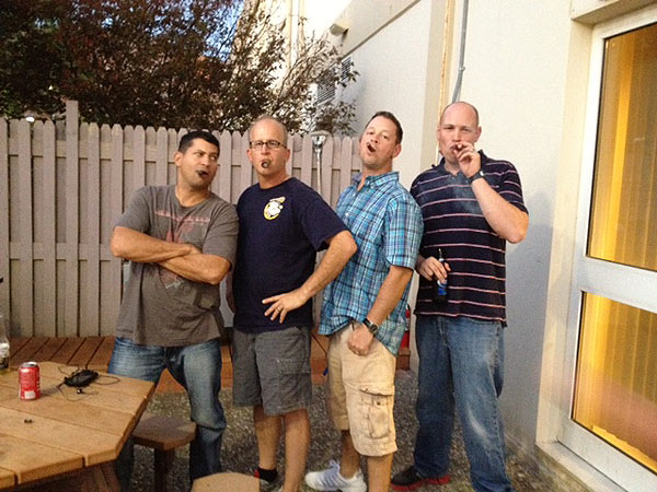 (L to R) BMCS Beck, OSC Brakebill, STGC Goulden, and EMC Minx from the USS FORREST SHERMAN (DDG 98) enjoying some very nice cigars at the Chief Petty Officer&rsquo;s Mess, Crete.