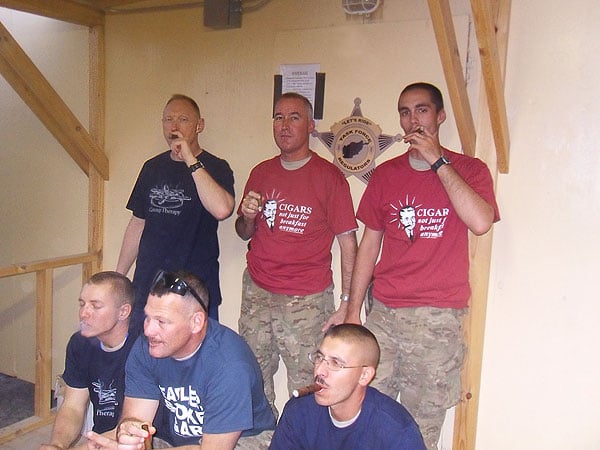 The TF Regulator Cigar Club at Paktya PHQ. Pictured from top left - sporting CI threads and cigars - are LTC Miller, COL Ragland, SPC McLean, SPC Barksdale, MSG Whitaker, and SSG DeSouza. "Thanks for the products and support!"