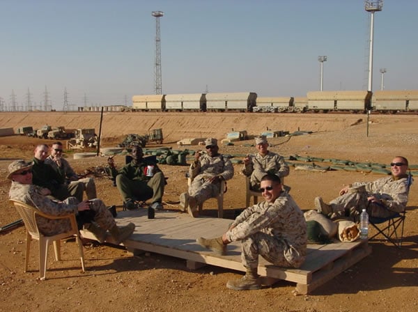 Out with the old and in with the new.  The II Medical Battalion FRSS2/STP4 taking over for the I Medical Battalion FRSS2/STP4.  This picture was taken on our Veranda March 2005 the day before the old group left Al Anbar Province, Iraq to come home.