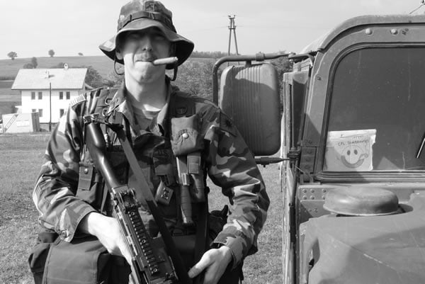 Cpl James Dombrowski of A Co. 578th Engineers, Ca National Guard, Multi-National Brigade(East) United Nations, Peace Keeping Force Kosovo.