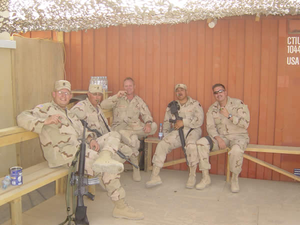The Badda Bing Boys in Bagram, AF. We are from Charlie Company, 367th EN BN. Chillin on the Veranda from left to right are: SFC Welch, SFC Doucette, SFC Blankenship, SFC Olveda and our commander CPT Silbernagel. Taken at Camp TNT, Bagram Afghanistan.